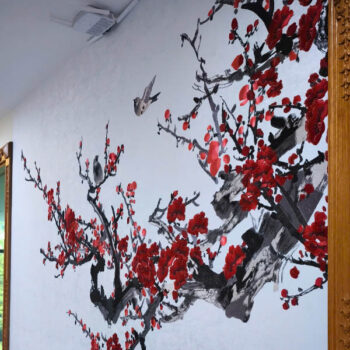 Tranh Dán Tường Đào Hoa Nghinh Xuân CAROYAL E7-04 Thi công mẫu tranh vải dán tường CAROYAL E7-04