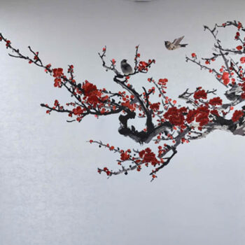 Tranh Dán Tường Đào Hoa Nghinh Xuân CAROYAL E7-04 Thi công mẫu tranh vải dán tường CAROYAL E7-04