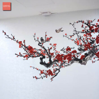 Tranh Dán Tường Đào Hoa Nghinh Xuân CAROYAL E7-04 Thi công mẫu tranh vải dán tường cao cấp CAROYAL E7-04