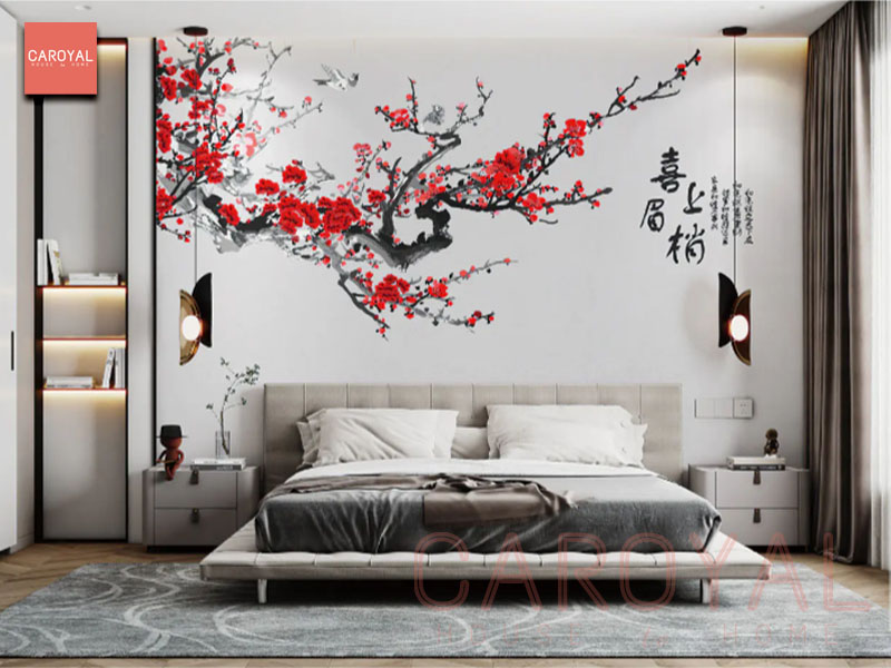 Tranh Vải Dán Tường Đào Hoa Nghinh Xuân E7-04 Tranh vai dan tuong dao hoa nghinh xuan CAROYAL E7 04