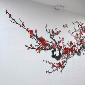 Tranh Dán Tường Đào Hoa Nghinh Xuân CAROYAL E7-04 Thi công mẫu tranh vải dán tường cao cấp CAROYAL E7-04